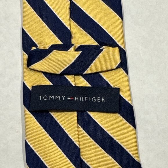 TOMMY HILFIGER Long Silk Mens Tie Made In USA REPP Yellow Blue Regimental Stripe - Picture 5 of 6